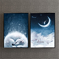 Nordic Animal Painting Blue Children's Room Cartoon Animation Cartoon White Fox Decorative Painting 3d model