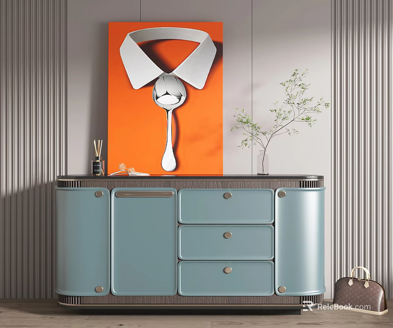 Modern Light Blue Console Cabinet With Drawers Doors Orange Artwork And Potted Plant 3d model 