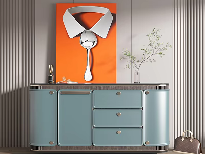 Modern Light Blue Console Cabinet With Drawers Doors Orange Artwork And Potted Plant 3d model