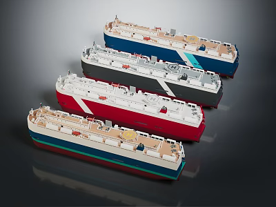 Four Detailed Warship Scale Models in Red Black Blue White Colorful Display Arrangement 3d model