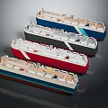 Four Detailed Warship Scale Models in Red Black Blue White Colorful Display Arrangement