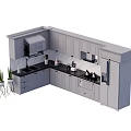Modern Kitchen Interior Featuring Gray Cabinets Sink Stove Refrigerator And Plants 3d model