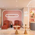 Modern Hotel Lobby Interior With Pink Walls Decorative Posters And Small Tables