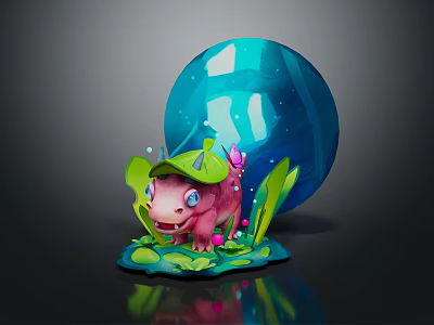 Adorable Pink Creature Wearing Green Leaf Hat With Surrounding Green Foliage And Large Blue Sphere 3d model