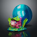 Adorable Pink Creature Wearing Green Leaf Hat With Surrounding Green Foliage And Large Blue Sphere