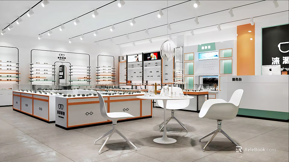 Bright Modern Optical Store Interior With Display Counters And Eyewear Racks 3d model