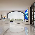 Modern Beauty Hair Salon Interior With White Styling Chairs Marble Floor Large Screen And Green Plants
