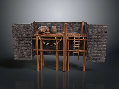 Medieval Brick Walls Wooden Structure With Platform Barrels And Ladder 3d model