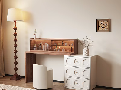 Elegant Wooden Dressing Table With Cosmetics White Cabinet Chair Floor Lamp And Plants 3d model