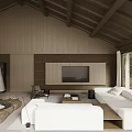 Serene Living Room Interior With Large Windows Woodland View Wooden Beam Ceiling And White Sofa