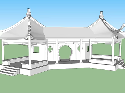 Traditional Chinese Pavilion Structure With Curved Roof Overhanging Eaves And Archway Design 3d model