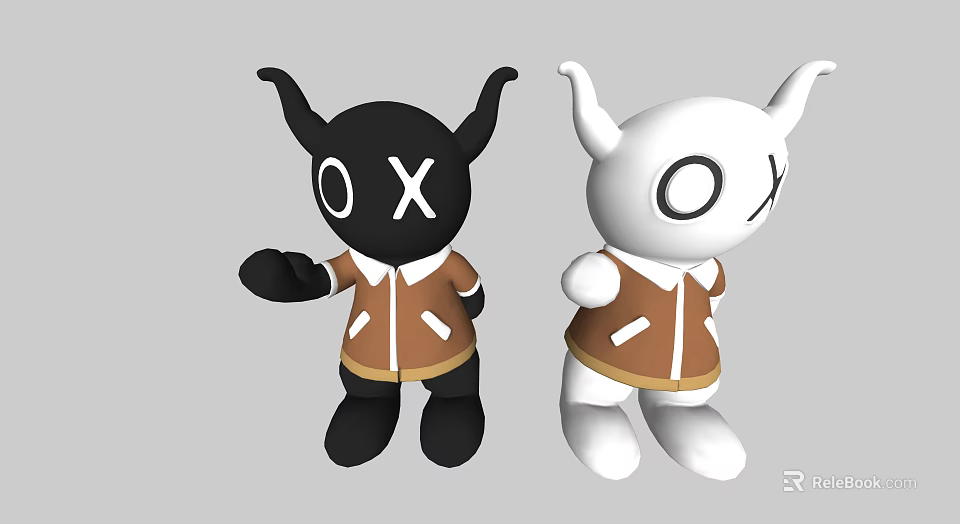 Black And White Cartoon Characters With Horns O X Eyes And Brown Jackets 3d model 