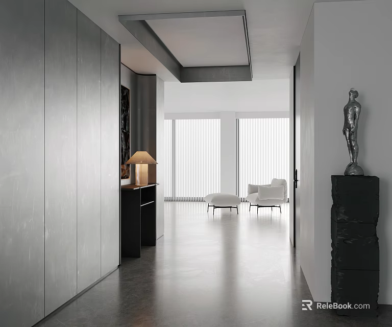 Elegant Modern Entryway Hallway with Gray Cabinets Floor Lamp Sculpture Large Windows and White Sofa 3d model 