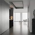 Elegant Modern Entryway Hallway with Gray Cabinets Floor Lamp Sculpture Large Windows and White Sofa