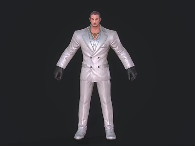 Stylish Male Game Film Character in Silver White Double Breasted Suit With Black Gloves 3d model