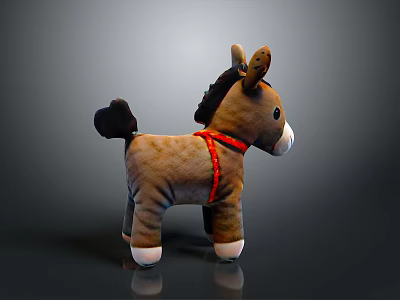 Brown Stuffed Toy Donkey With Black Mane Tail Red Collar And White Hooves 3d model