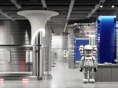 Futuristic Modern Clothing Store Interior with Silver Pillar Hanging Clothes White Sculpture and Blue Background 3d model