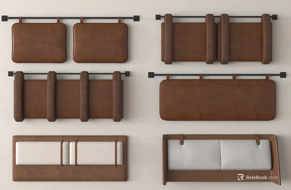 Brown Leather Bed Headboards With Upholstered Panels And White Padded Sections 3d model