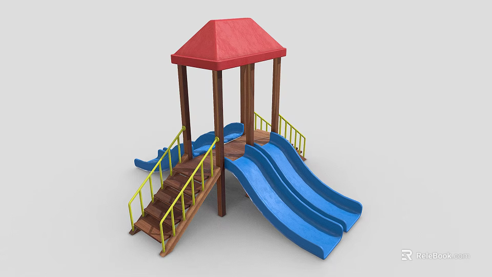 Playground Equipment With Red Roof Wooden Structure Blue Double Slides And Yellow Railings 3d model 