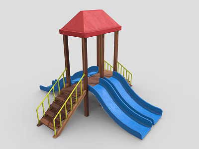 Playground Equipment With Red Roof Wooden Structure Blue Double Slides And Yellow Railings 3d model
