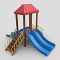 Playground Equipment With Red Roof Wooden Structure Blue Double Slides And Yellow Railings
