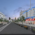 Evening View of Commercial Street with Street Lamps Buildings Shop Signs Cars and Pedestrians