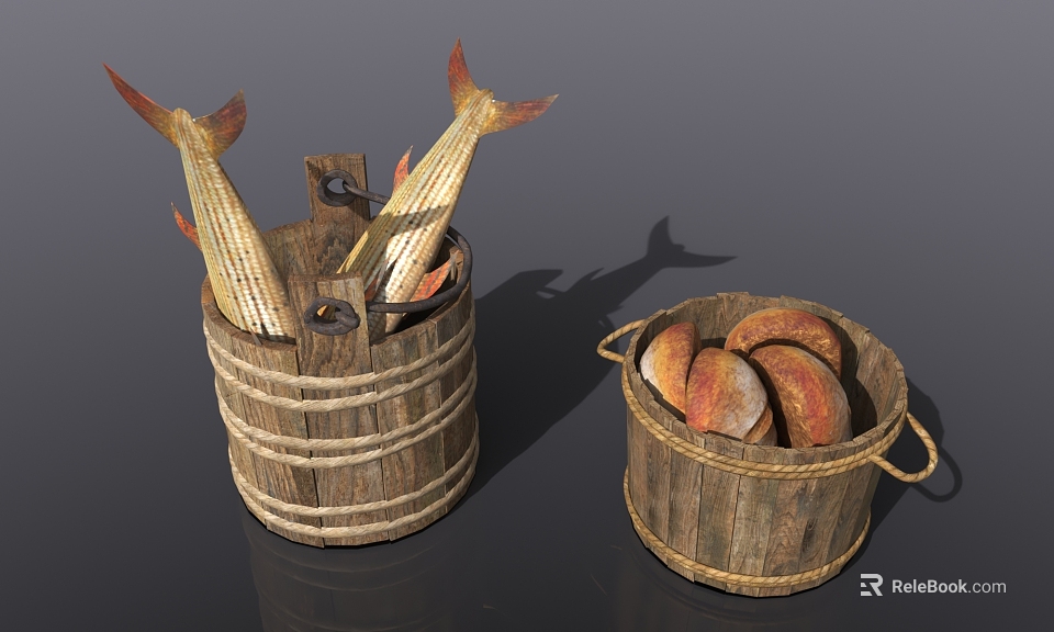 Fresh Fish and Bread Stored in Traditional Wooden Buckets with Rope Handles 3d model 