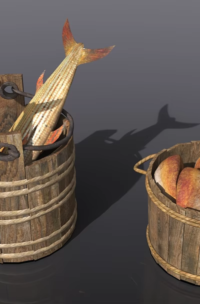 Fresh Fish and Bread Stored in Traditional Wooden Buckets with Rope Handles 3d model