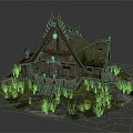 Traditional Wooden House With Gabled Green Roof Decorative Spires And Surrounding Grass