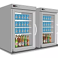 Double Door Silver Refrigerators with Glass Doors Stocked with Beverage Cans and Bottles