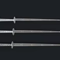 Three Silver Swords with Intricate Patterned Hilts and Long Sharp Blades on Black Background