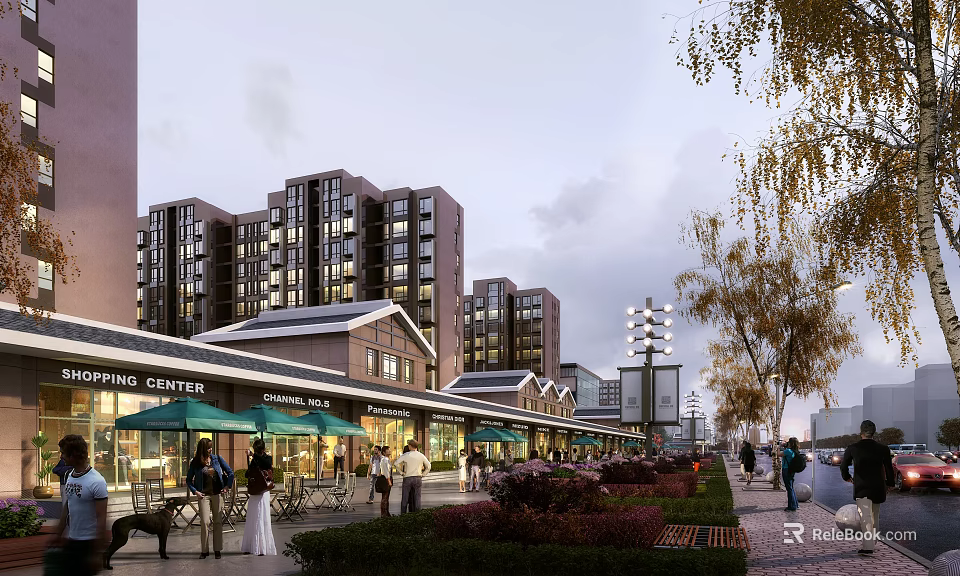 Modern Commercial Street With Multi Story Buildings Shops Green Awnings Pedestrians Greenery And Street Lamps 3d model 