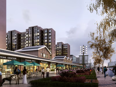 Modern Commercial Street With Multi Story Buildings Shops Green Awnings Pedestrians Greenery And Street Lamps 3d model