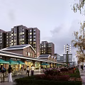 Modern Commercial Street With Multi Story Buildings Shops Green Awnings Pedestrians Greenery And Street Lamps