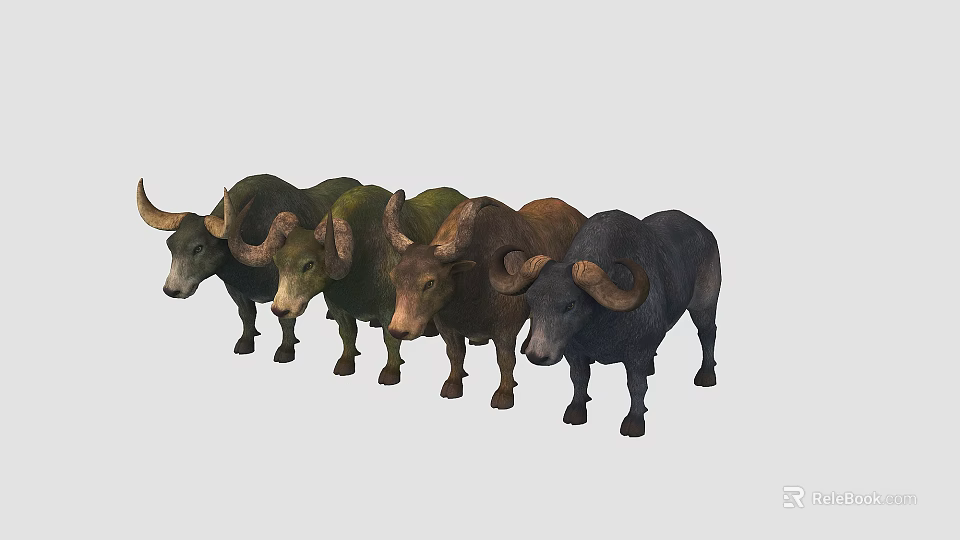 Multiple Colored Water Buffalo Figurines Standing in a Row on Gray Background 3d model 