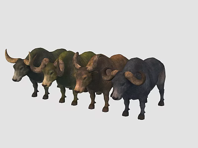 Multiple Colored Water Buffalo Figurines Standing in a Row on Gray Background 3d model