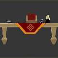 Wooden Workbench Setup with Red Cloth Tools Candles Keys and Crafting Board with Red Patterns