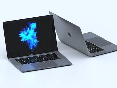 Two Silver Apple Laptops With Colorful Blue Screen Display And Logo 3d model