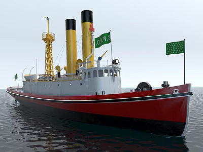 Vintage Steamship Featuring Red Hull White Superstructure Yellow Chimneys And Green Flags On Water 3d model