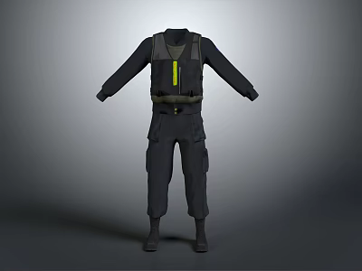 Black Tactical Jumpsuit With Yellow Stripe Long Sleeves And Multiple Pockets 3d model