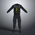 Black Tactical Jumpsuit With Yellow Stripe Long Sleeves And Multiple Pockets