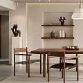 Modern Restaurant Interior Featuring Wooden Dining Table Woven Chairs Pendant Light And Decorative Shelves
