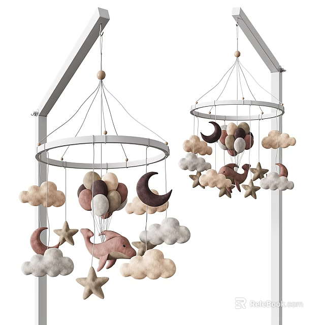 Soft Colored Baby Mobile With Fluffy Clouds Moon Stars And Dolphin For Nursery Decor 3d model 
