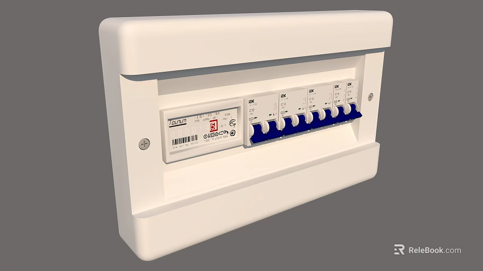 Industrial Electrical Distribution Box With White Enclosure And Blue Circuit Breakers 3d model 