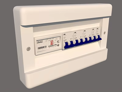 Industrial Electrical Distribution Box With White Enclosure And Blue Circuit Breakers 3d model