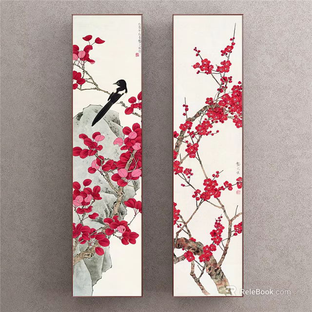 Chinese Style Plant Painting With Red Flowers Branches Black Bird And Rock 3d model 