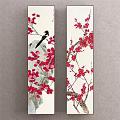 Chinese Style Plant Painting With Red Flowers Branches Black Bird And Rock