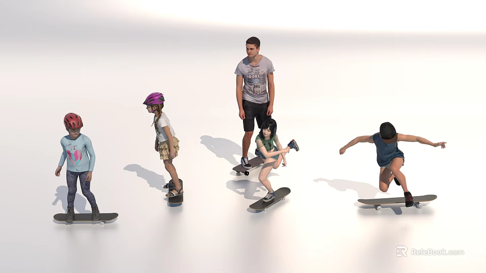 Group of People Riding Skateboards with Various Poses on White Background 3d model 