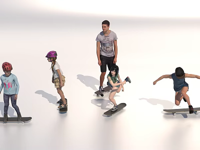 Group of People Riding Skateboards with Various Poses on White Background 3d model