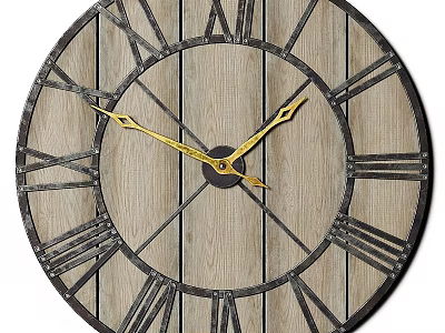 Vintage Wooden Wall Clock with Metal Frame Roman Numerals and Gold Hands 3d model